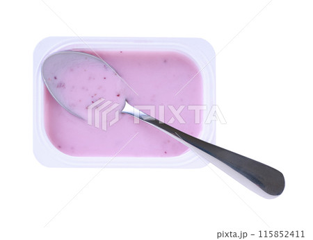 top view of blueberry yogurt or tasty dessert and spoon in a disposable plastic cup isolated on white background. top view of blueberry yogurt or tasty dessert and spoon in a disposable plastic cup isolated on white background. 115852411