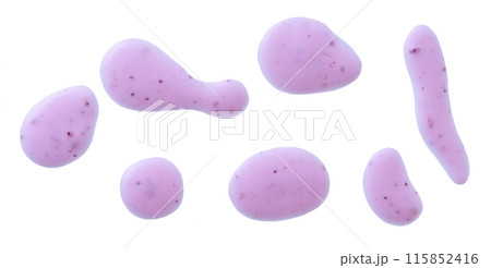 Spilled blueberry yogurt puddle isolated on white background and texture. Top view. 115852416