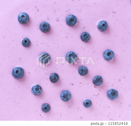 blueberry yogurt and fresh berries blueberries, texture, background. Top view. 115852418