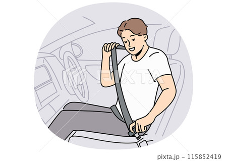 Smiling man fasten seatbelt in car 115852419