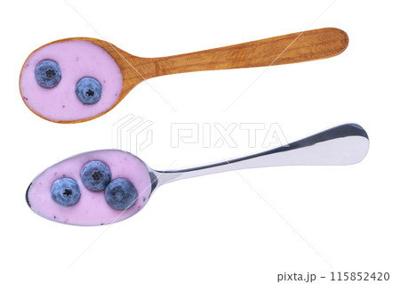 spoon with blueberry yogurt and fresh berries blueberries isolated on a white background. Top view. 115852420