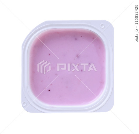 Open packing with blueberry yoghurt in a white plastic cup isolated on a white background. Top view. 115852429