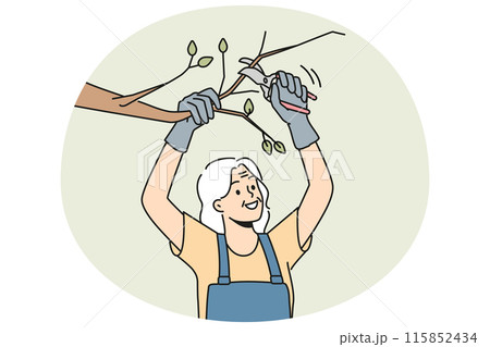 Smiling old woman cutting tree branches 115852434