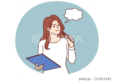 Pensive girl with clipboard makes plan for year or checklist for going to grocery store Pensive girl with clipboard makes plan for year or checklist for going to grocery store 115852493