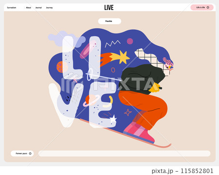 Life Unframed: Cosmic skier -modern flat vector concept illustration of a man skiing in the space. Metaphor of unpredictability, imagination, whimsy, cycle of existence, play, growth and discovery 115852801