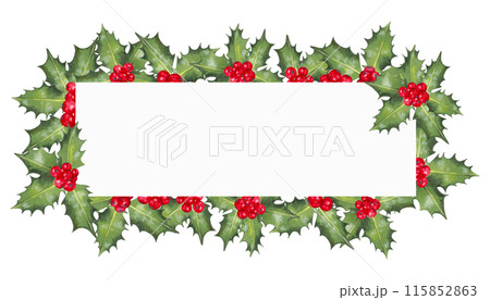 Christmas horizontal frame of red holly berries with leaves.Illustration of watercolor background with place for text. Hand drawn isolated backdrop. Decoration for the New Year and seasonal holidays. 115852863