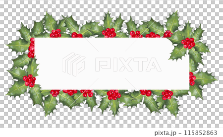 Christmas horizontal frame of red holly berries with leaves.Illustration of watercolor background with place for text. Hand drawn isolated backdrop. Decoration for the New Year and seasonal holidays. 115852863
