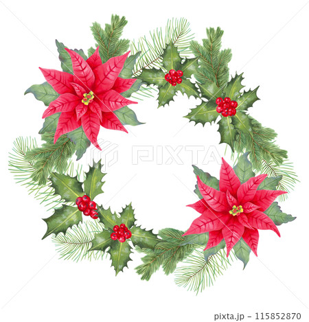 Christmas wreath with poinsettia flower, holly berries, leaves, pine, spruce. Illustration with watercolor, marker. Round natural frame for the winter holidays New Year. Hand drawn isolated clipart. Christmas wreath with poinsettia flower, holly berries, leaves, pine, spruce. Illustration with watercolor, marker. Round natural frame for the winter holidays New Year. Hand drawn isolated clipart. 115852870