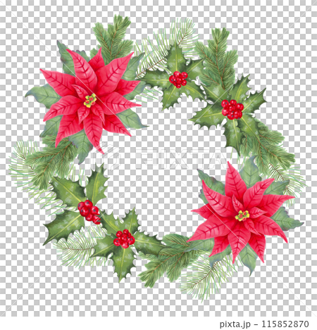 Christmas wreath with poinsettia flower, holly berries, leaves, pine, spruce. Illustration with watercolor, marker. Round natural frame for the winter holidays New Year. Hand drawn isolated clipart. Christmas wreath with poinsettia flower, holly berries, leaves, pine, spruce. Illustration with watercolor, marker. Round natural frame for the winter holidays New Year. Hand drawn isolated clipart. 115852870