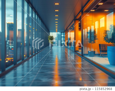 Beautiful blurred background of a modern office interior in gray tones with panoramic windows, glass partitions and orange color accents 115852968