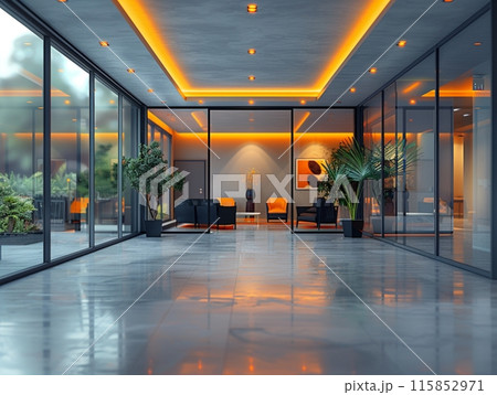 Beautiful blurred background of a modern office interior in gray tones with panoramic windows, glass partitions and orange color accents 115852971