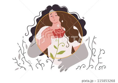 Optimist woman feels satisfaction, being in psychological comfort zone and smells flower Optimist woman feels satisfaction, being in psychological comfort zone and smells flower 115853268