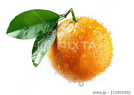 A fresh, juicy orange with water droplets represents natural, vibrant citrus goodness isolated on a white transparent background 115853302