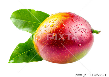 Ripe mango with green leaves and water drops isolated on white transparent background, colorful, organic, exotic, and delicious. Ripe mango with green leaves and water drops isolated on white transparent background, colorful, organic, exotic, and delicious. 115853321