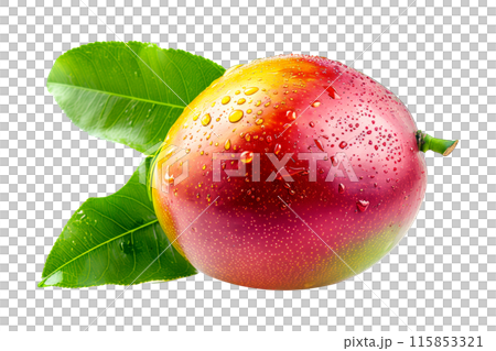 Ripe mango with green leaves and water drops isolated on white transparent background, colorful, organic, exotic, and delicious. Ripe mango with green leaves and water drops isolated on white transparent background, colorful, organic, exotic, and delicious. 115853321