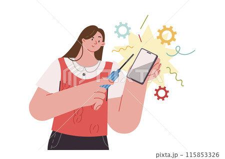 Woman mobile developer is designing new smartphone model, holding screwdriver in hands 115853326