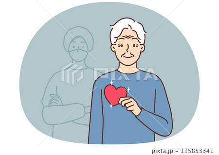 Elderly grandfather with heart in hands feel grateful Elderly grandfather with heart in hands feel grateful 115853341