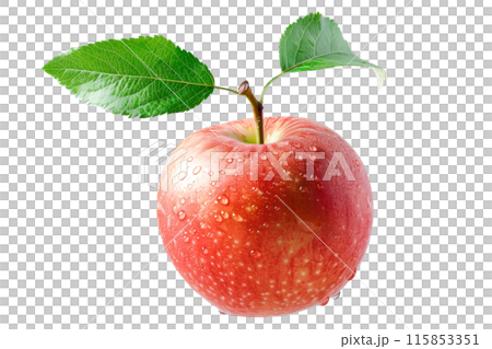 A fresh red apple with dew drops and leaves isolated on white background. 115853351