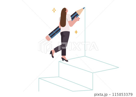 Woman draws career ladder to move up ranks and achieve success in professional field 115853379