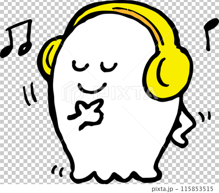 一個可愛的鬼魂戴著耳機聽音樂並掌握節奏 一個可愛的鬼魂戴著耳機聽音樂並掌握節奏 115853515