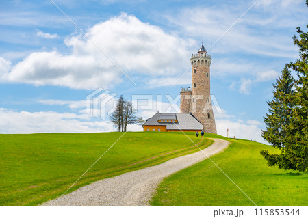 A gravel path leads to the Dalimil Lookout Tower in the Czech Republic. The tower stands tall against a backdrop of lush green grass and a blue sky with fluffy clouds. A gravel path leads to the Dalimil Lookout Tower in the Czech Republic. The tower stands tall against a backdrop of lush green grass and a blue sky with fluffy clouds. 115853544