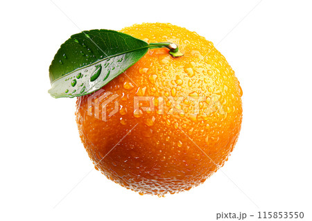 A fresh, juicy orange with water droplets represents natural, vibrant citrus goodness isolated on a white transparent background A fresh, juicy orange with water droplets represents natural, vibrant citrus goodness isolated on a white transparent background 115853550