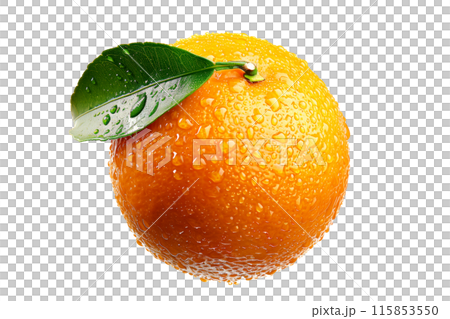 A fresh, juicy orange with water droplets represents natural, vibrant citrus goodness isolated on a white transparent background A fresh, juicy orange with water droplets represents natural, vibrant citrus goodness isolated on a white transparent background 115853550