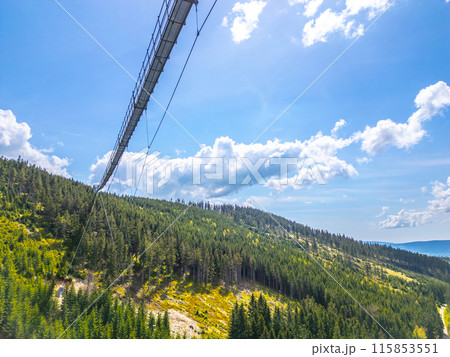Sky Bridge 721 - the Worlds longest suspension footbridge stretches across a valley in the Czech Republic, surrounded by lush green forests and a clear blue sky. Sky Bridge 721 - the Worlds longest suspension footbridge stretches across a valley in the Czech Republic, surrounded by lush green forests and a clear blue sky. 115853551