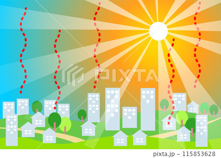 真夏日/猛暑日の酷暑の街並みイラスト 115853628