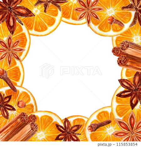 Star anise, cinnamon orange slices watercolor frame on a white. Five brown star-shaped spices with detailed texture and shades. Perfect for culinary, botanical projects, recipe, cards, posters 115853854