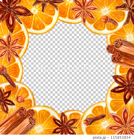 Star anise, cinnamon orange slices watercolor frame on a white. Five brown star-shaped spices with detailed texture and shades. Perfect for culinary, botanical projects, recipe, cards, posters 115853854