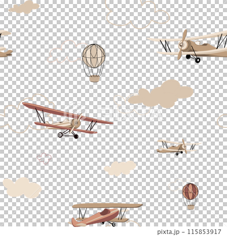 Seamless pattern with retro airplanes in beige color minimalist style. Hand drawn illustration aviation. Set background illustration of cute and sky scene complete with airplanes and balloons, clouds. Seamless pattern with retro airplanes in beige color minimalist style. Hand drawn illustration aviation. Set background illustration of cute and sky scene complete with airplanes and balloons, clouds. 115853917