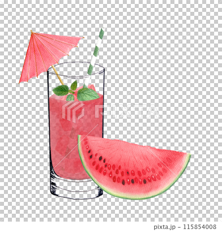 A glass with watermelon, cubes, pink juice, mint and a straw. Watercolor, ink art isolated on white, hand drawn for food design. Great for juice, smoothie, menu, organic food, logo decor and design 115854008