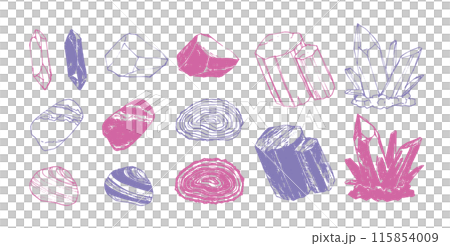 Hand-drawn illustrations of stylish minerals Crystal decoration set Gemstones Power stones Hand-drawn illustrations of stylish minerals Crystal decoration set Gemstones Power stones 115854009