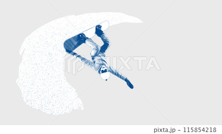 Somersault. Dynamic image of man, snowboarder in motion, doing tricks isolated on light background with abstract design elements. Contemporary art collage. 115854218