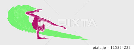 Flexible and beautiful young girl, gymnast demonstrating skills, performing against white background with green element. Silhouette. Contemporary art collage. 115854222