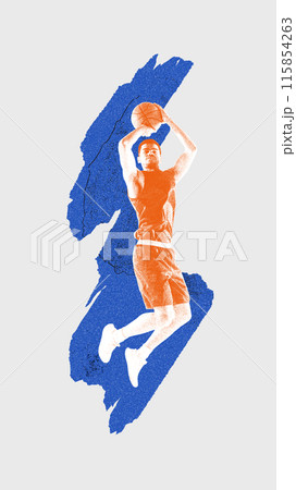 Contemporary art collage. Full-length image of young competitive man, basketball player in motion, jumping with ball 115854263