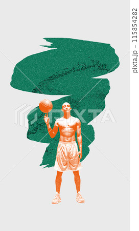 Contemporary art collage. Full-length image of basketball player standing and spinning ball on finger isolated on white background. Contemporary art collage. Full-length image of basketball player standing and spinning ball on finger isolated on white background. 115854282