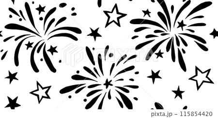 seamless pattern of fireworks and stars for American Independence Day. black and white illustration 115854420