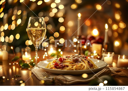 Grated Parmesan cheese on a large plate with linguine, home kitchen, candlelit atmosphere 115854867