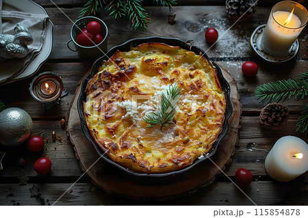 Potato gratin sprinkled with Parmesan cheese, homemade cuisine, candlelit atmosphere, top view Potato gratin sprinkled with Parmesan cheese, homemade cuisine, candlelit atmosphere, top view 115854878