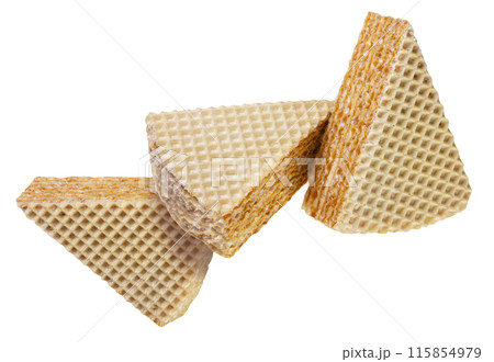 Pieces of wafer cake flying on white background. Isolated 115854979