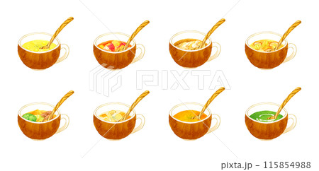 スープ&ポタージュ8種類セット 料理・食べ物の手描き水彩イラスト素材 スープ&ポタージュ8種類セット 料理・食べ物の手描き水彩イラスト素材 115854988