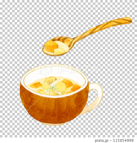 蛤蜊濃湯和木匙烹飪和食物手繪水彩插畫素材 蛤蜊濃湯和木匙烹飪和食物手繪水彩插畫素材 115854999