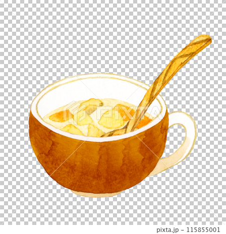 クラムチャウダーと木製スプーン　料理・食べ物の手描き水彩イラスト素材 115855001