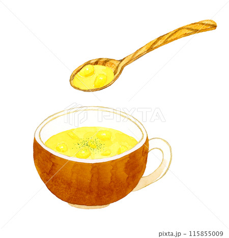 コーンスープと木製スプーン　料理・食べ物の手描き水彩イラスト素材 115855009