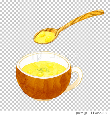 Corn soup and wooden spoon Hand-drawn watercolor illustration of cooking and food 115855009