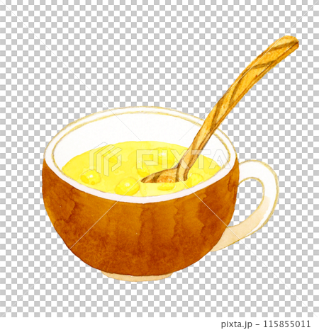玉米湯和木匙烹飪和食物手繪水彩插畫素材 115855011