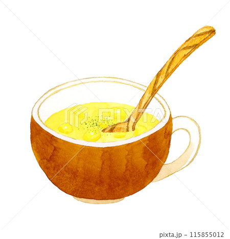 コーンスープと木製スプーン　料理・食べ物の手描き水彩イラスト素材 115855012