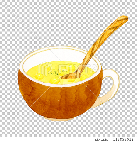 玉米湯和木匙烹飪和食物手繪水彩插畫素材 115855012